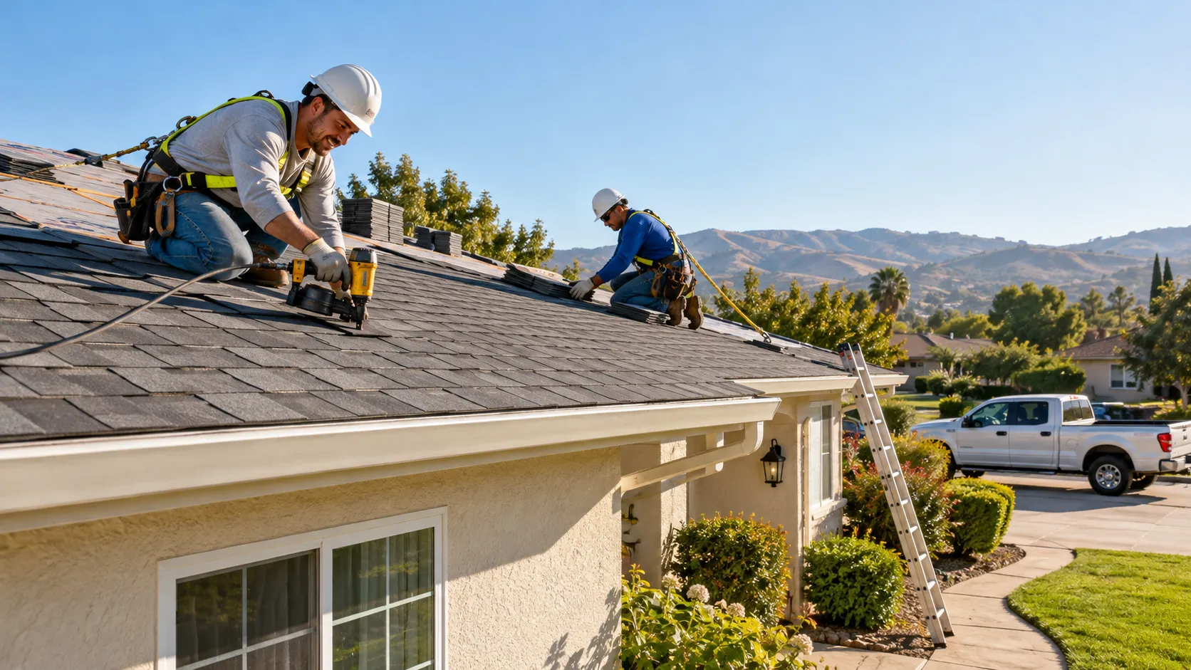 Crew installing a new shingle roof on a home