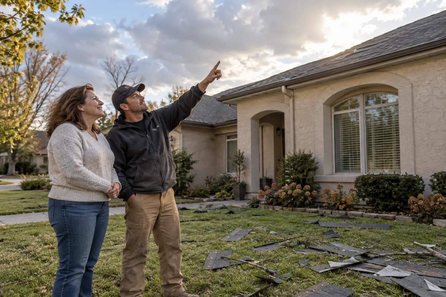 Homeowner and roofing provider looking at hail-damaged shingles on a stucco ranch home in Oakland